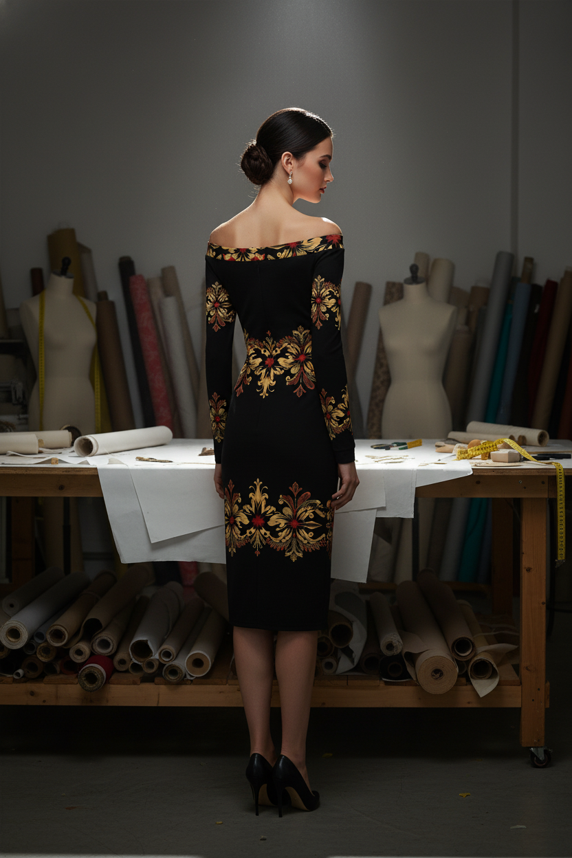 Angelic Blessings Shop off-shoulder black and gold dress with floral patterns worn by model in a design studio