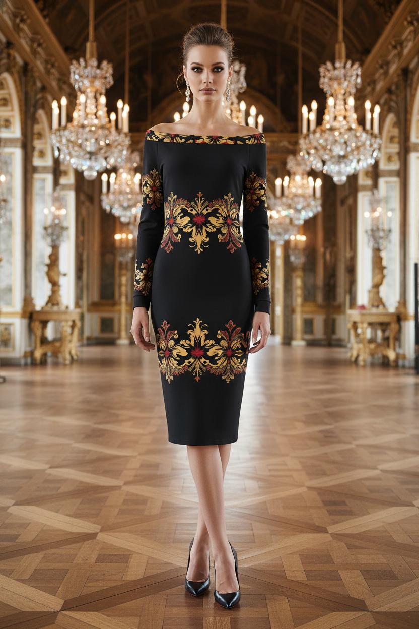 Angelic Blessings Shop off-shoulder black and gold dress with long sleeves and ornate floral patterns
