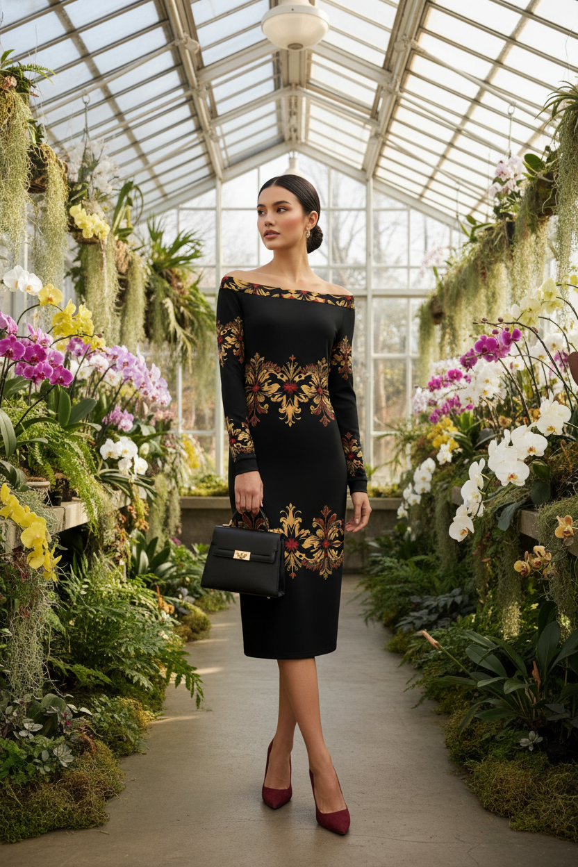 Off-shoulder black and gold dress from Angelic Blessings Shop worn by woman in greenhouse with flowers