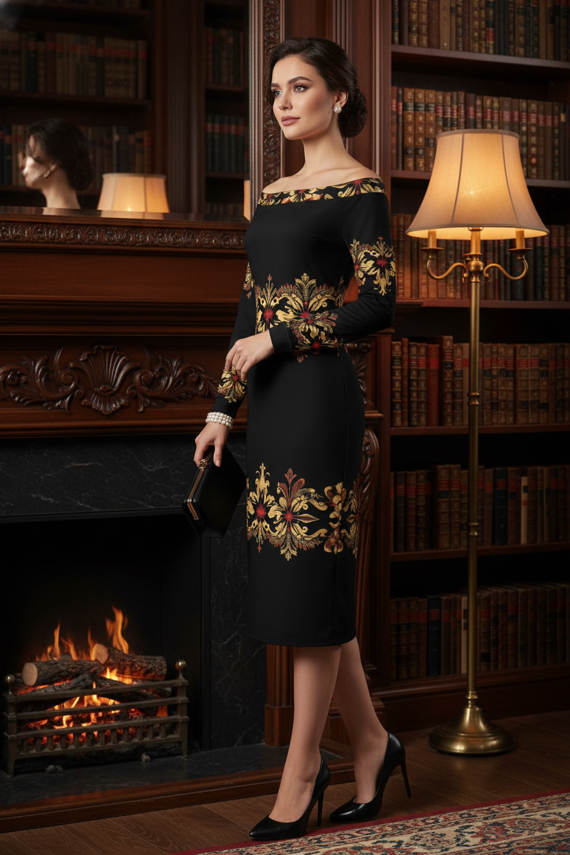 Elegant off-shoulder black and gold dress by Angelic Blessings Shop worn with black heels in a library setting