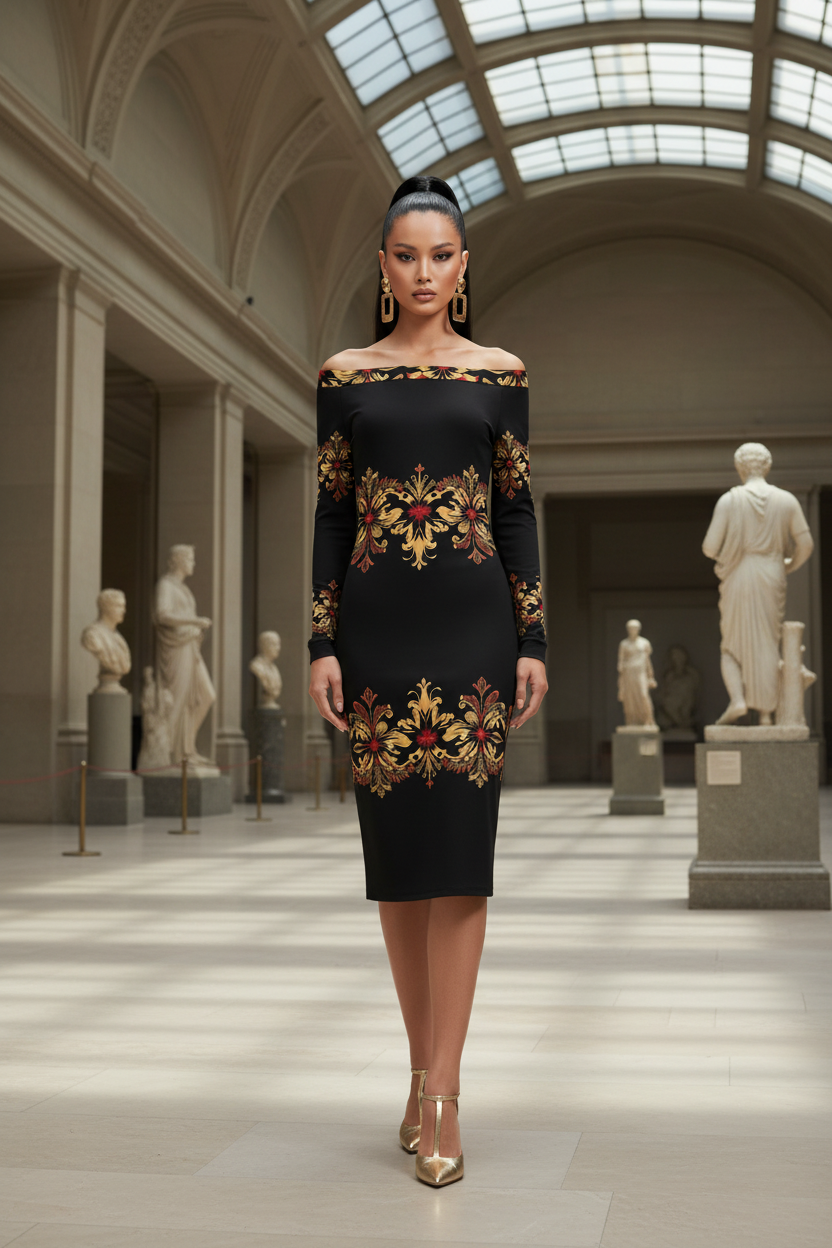 Off-shoulder black and gold dress with intricate floral patterns from Angelic Blessings Shop