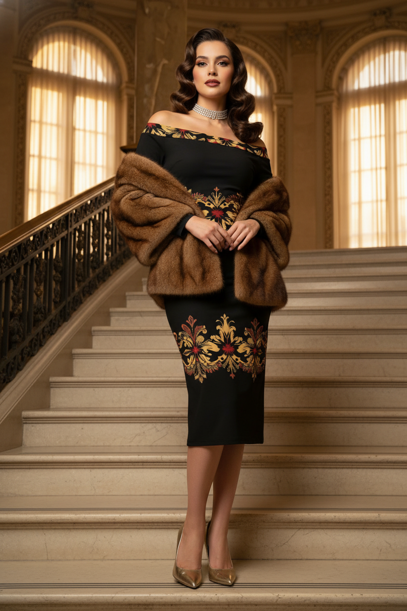 Woman wearing off-shoulder black and gold dress with intricate floral design and fur wrap on staircase