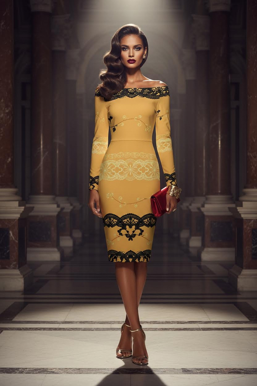 Off shoulder crème and black formal midi dress for cocktail party and gala