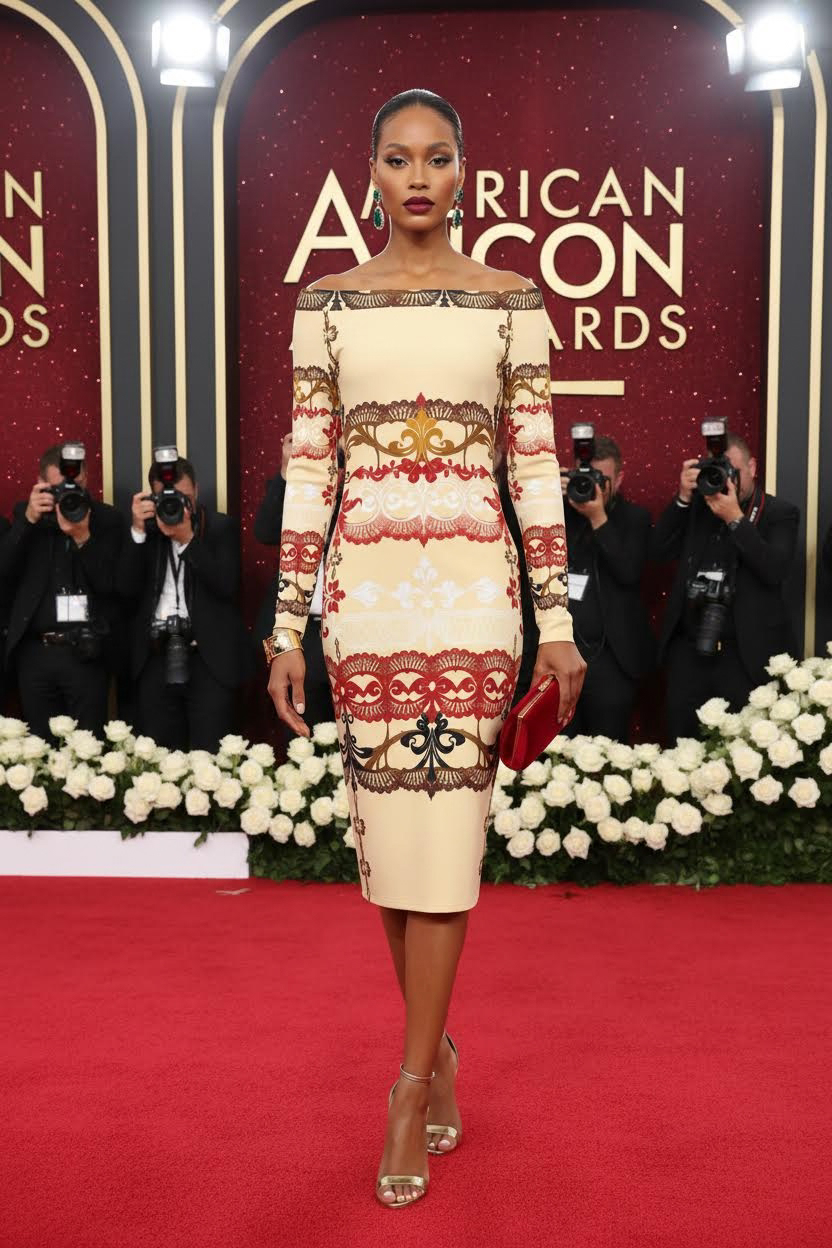 Off shoulder ivory cocktail midi dress for refined evening party and engagement celebration