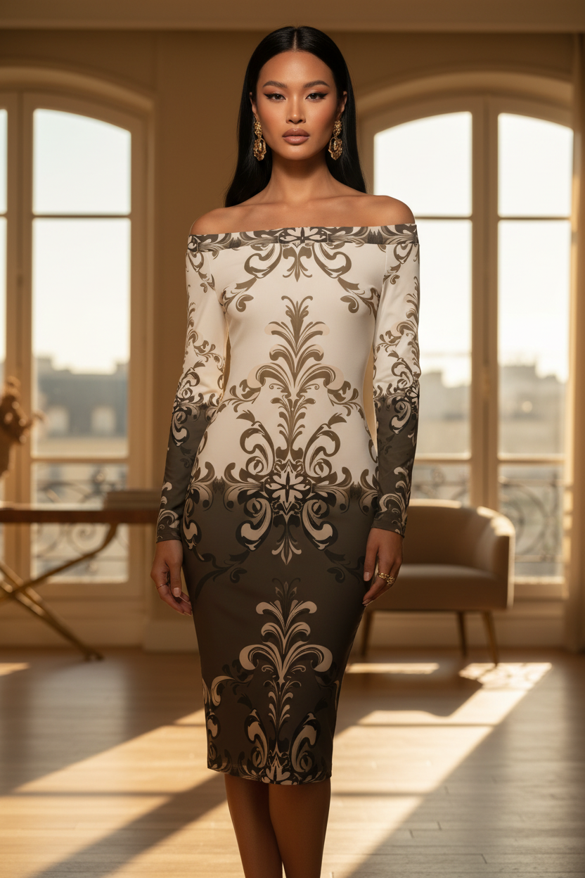 Angelic Blessings Shop off shoulder midi wrap dress with ornate brown and beige pattern on model