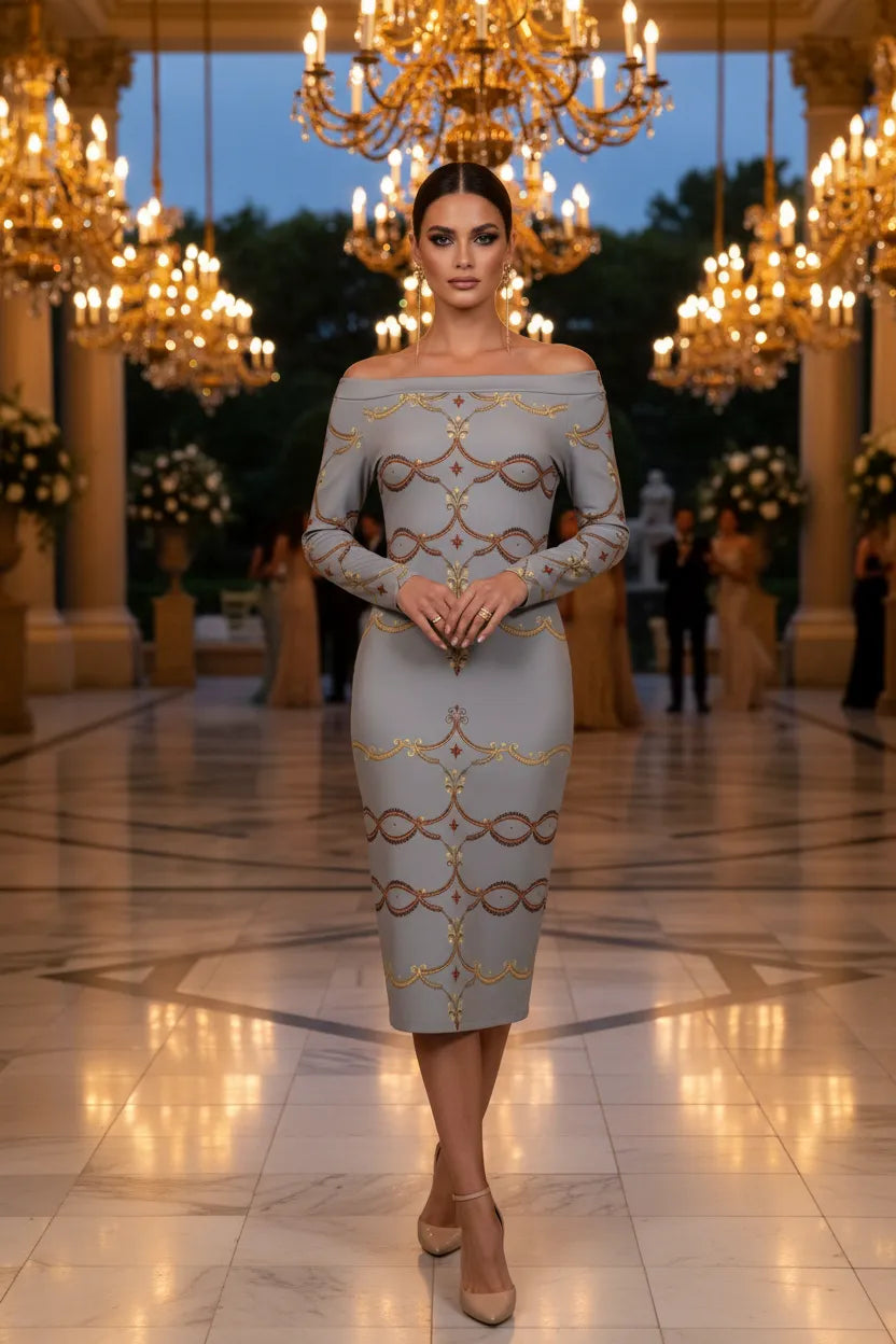 Elegant off the shoulder baroque pencil dress by Angelic Blessing Shop worn by model in luxurious chandelier-lit hall