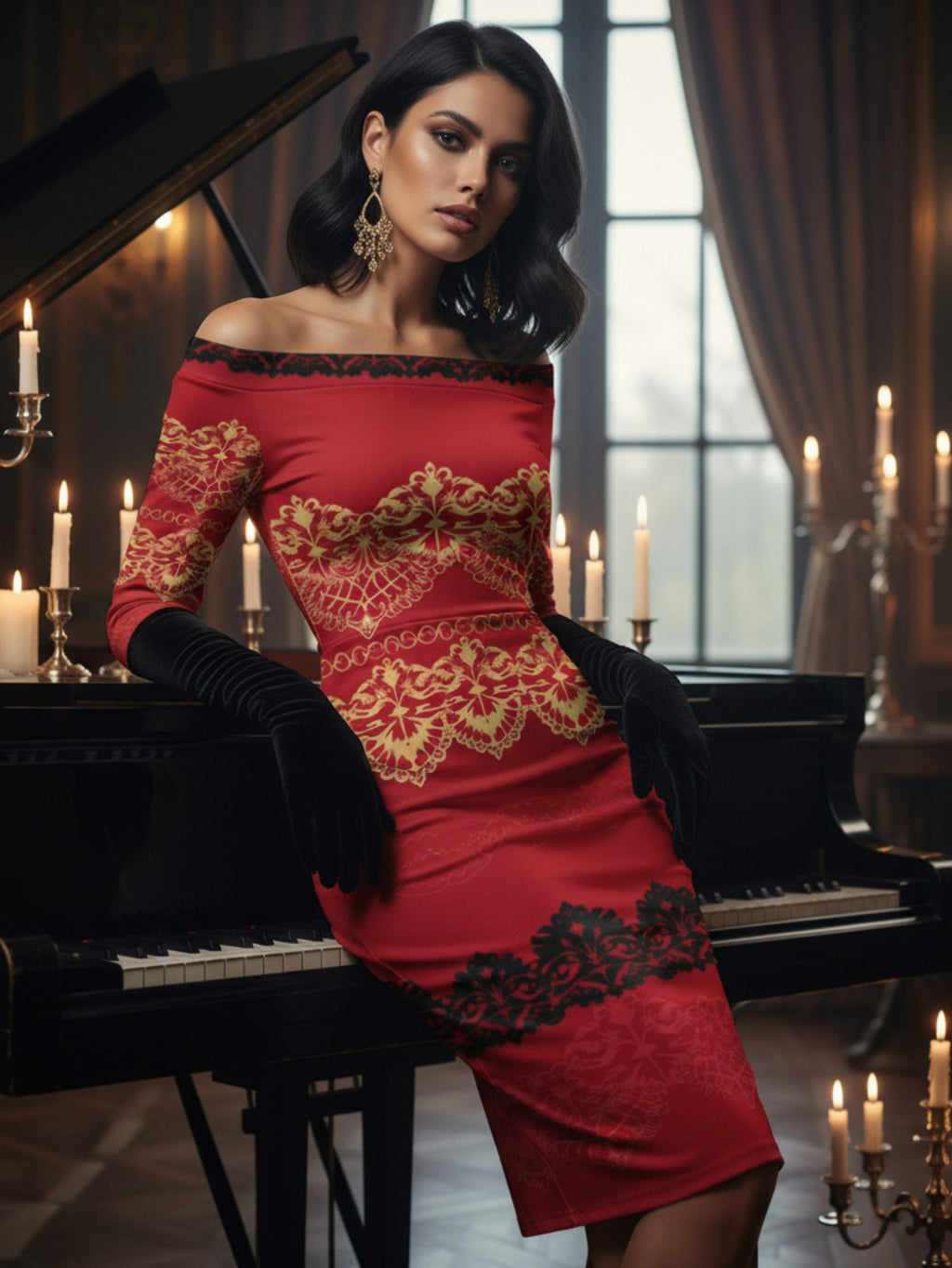 Elegant red off-the-shoulder long sleeve midi dress with gold and black lace patterns worn by a woman sitting on a piano bench