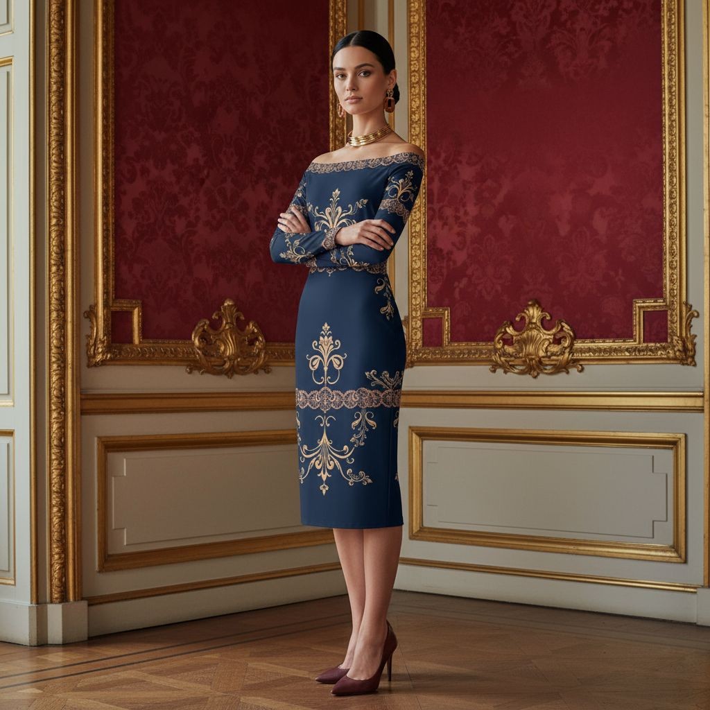 Angelic Blessings Shop navy blue off the shoulder wrap dress with gold embroidery and long sleeves