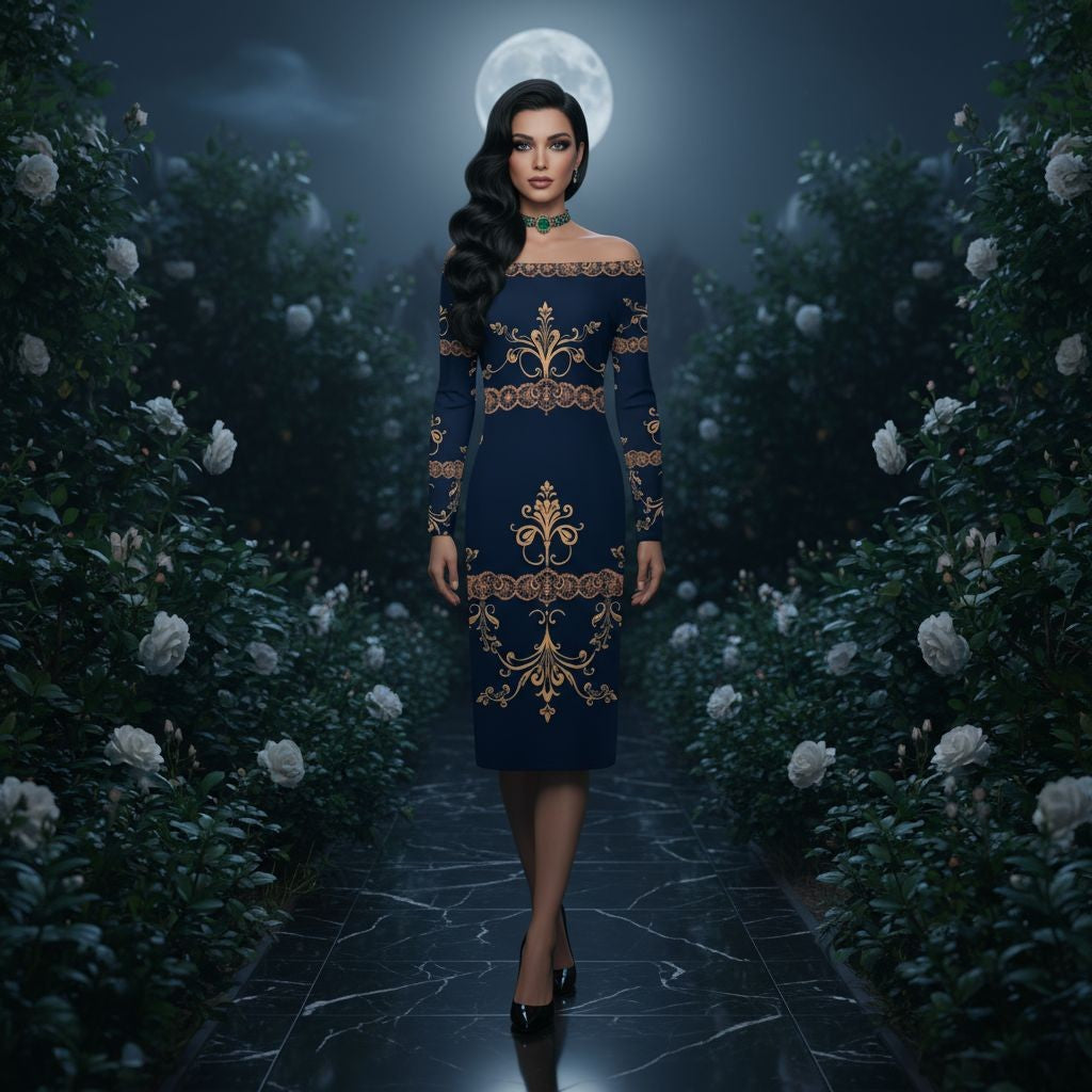 Woman wearing navy blue off the shoulder wrap dress with gold patterns standing in moonlit garden
