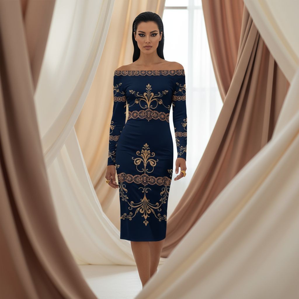 Navy blue off the shoulder wrap dress with gold floral patterns and long sleeves