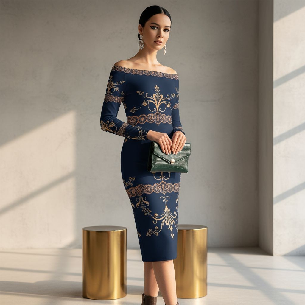 Elegant navy blue off the shoulder wrap dress with gold floral patterns by Angelic Blessings Shop