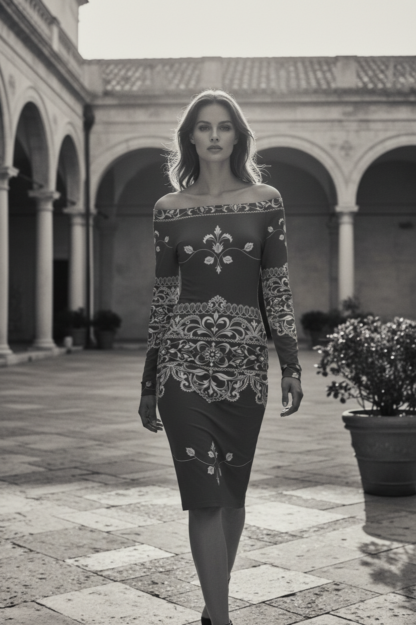 Model wearing an old money baroque inspired dress with intricate patterns from Angelic Blessings Shop