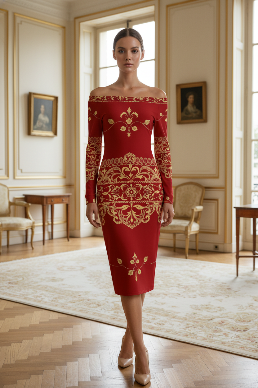 Angelic Blessings Shop old money baroque inspired dress in red with gold intricate patterns and off-shoulder design