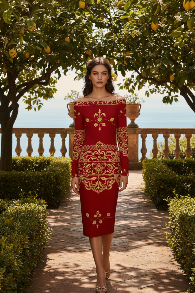 Angelic Blessings Shop old money baroque inspired dress in red with gold ornate patterns and off shoulder design