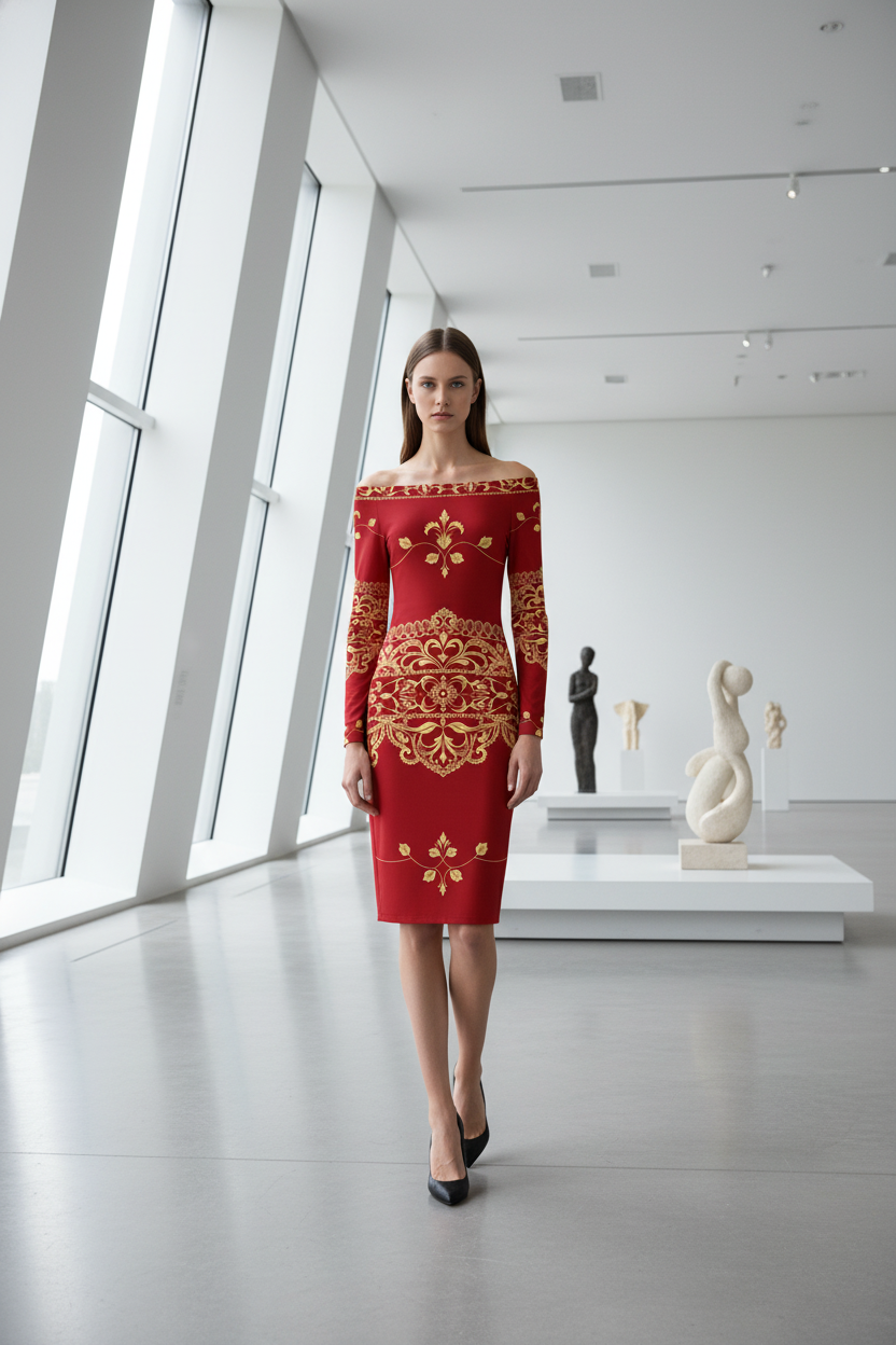 Model wearing an old money baroque inspired dress in red with gold ornate patterns at Angelic Blessings Shop