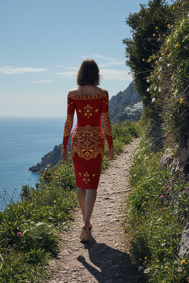 Woman wearing old money baroque inspired dress in red with gold patterns walking on a coastal path