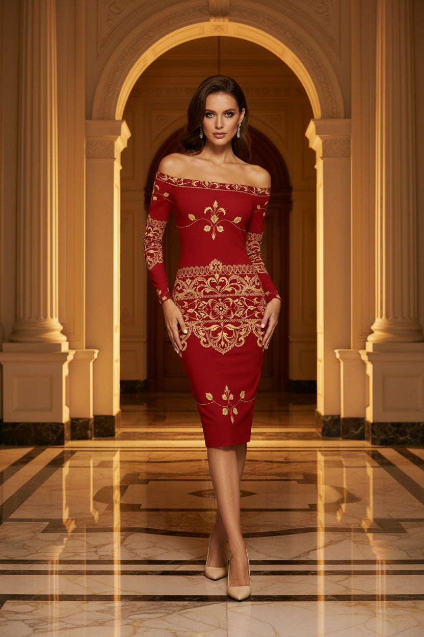 Elegant red old money baroque inspired dress with gold embroidery worn by model in grand hallway