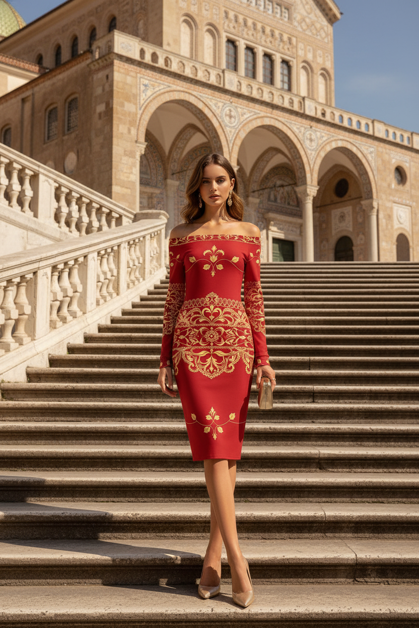 Angelic Blessings Shop red off-shoulder old money baroque inspired dress with gold patterns worn on stone steps