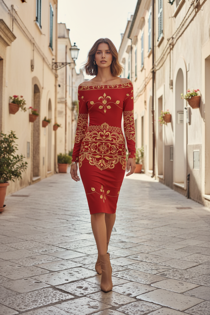 Woman wearing old money baroque inspired dress in red with gold patterns walking in a narrow street