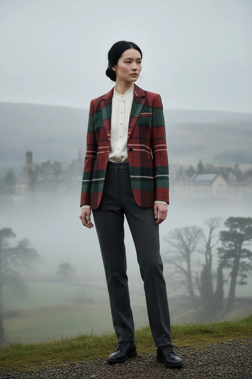 Woman wearing old money fashion women’s blazer in red and green plaid from Angelic Blessing Shop