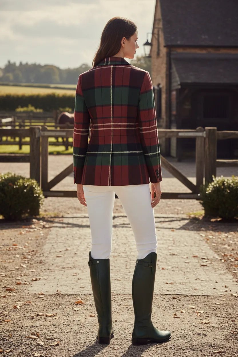 Woman wearing old money fashion women’s blazer with plaid pattern standing outdoors in countryside
