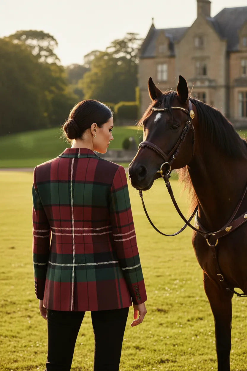 Woman wearing old money fashion women’s blazer with plaid pattern standing next to a horse outdoors