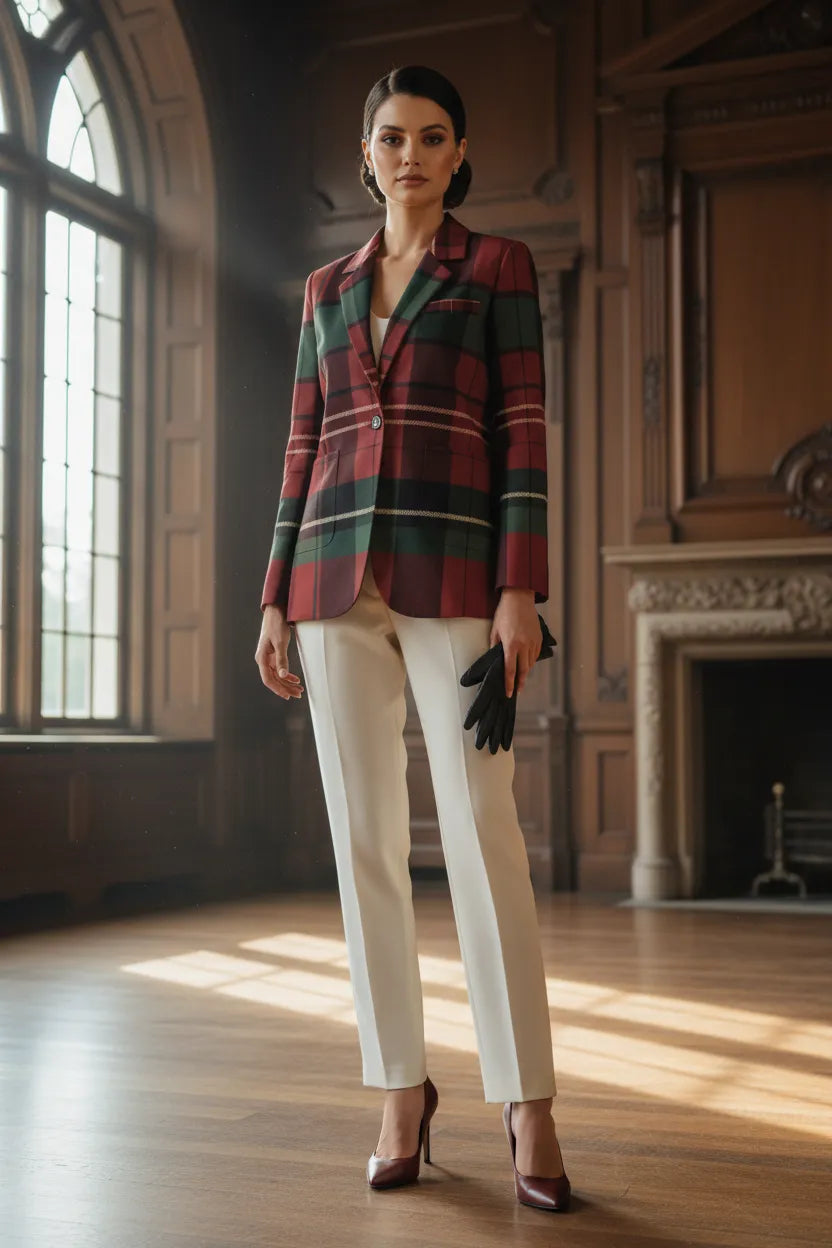Old money fashion women’s blazer in red and green plaid worn with white pants in elegant room