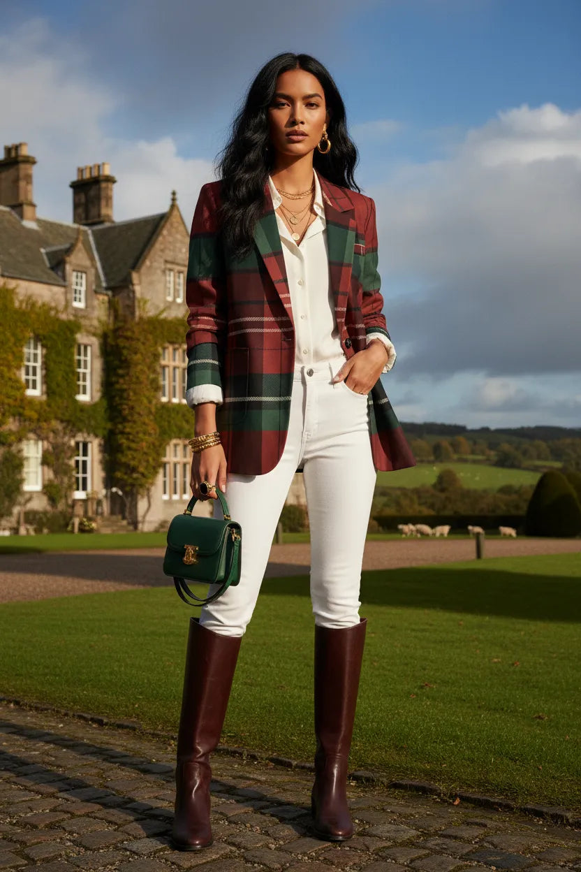 Woman wearing old money fashion women’s blazer from Angelic Blessing Shop with plaid design and white pants