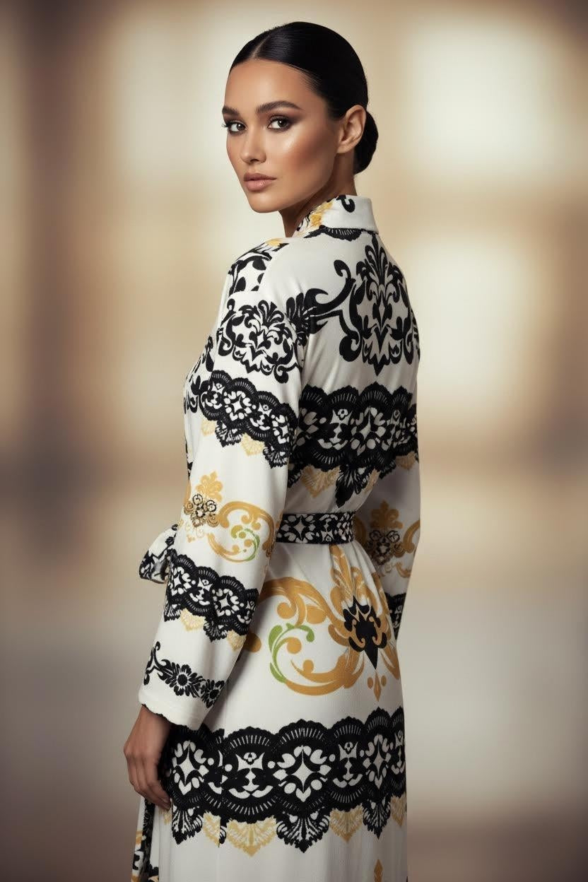 White robe with black and gold old money inspired loungewear pattern