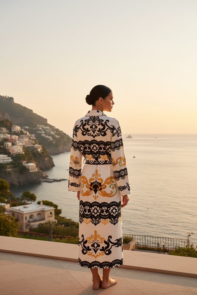White robe with black and gold patterns old money inspired loungewear