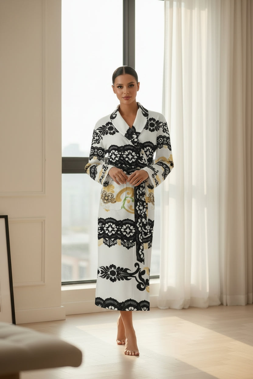 White patterned robe old money inspired loungewear with belt Angelic Blessing Shop