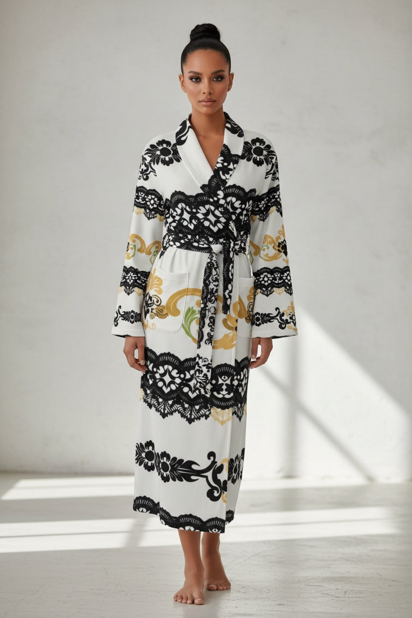 White black patterned robe old money inspired loungewear luxurious fit