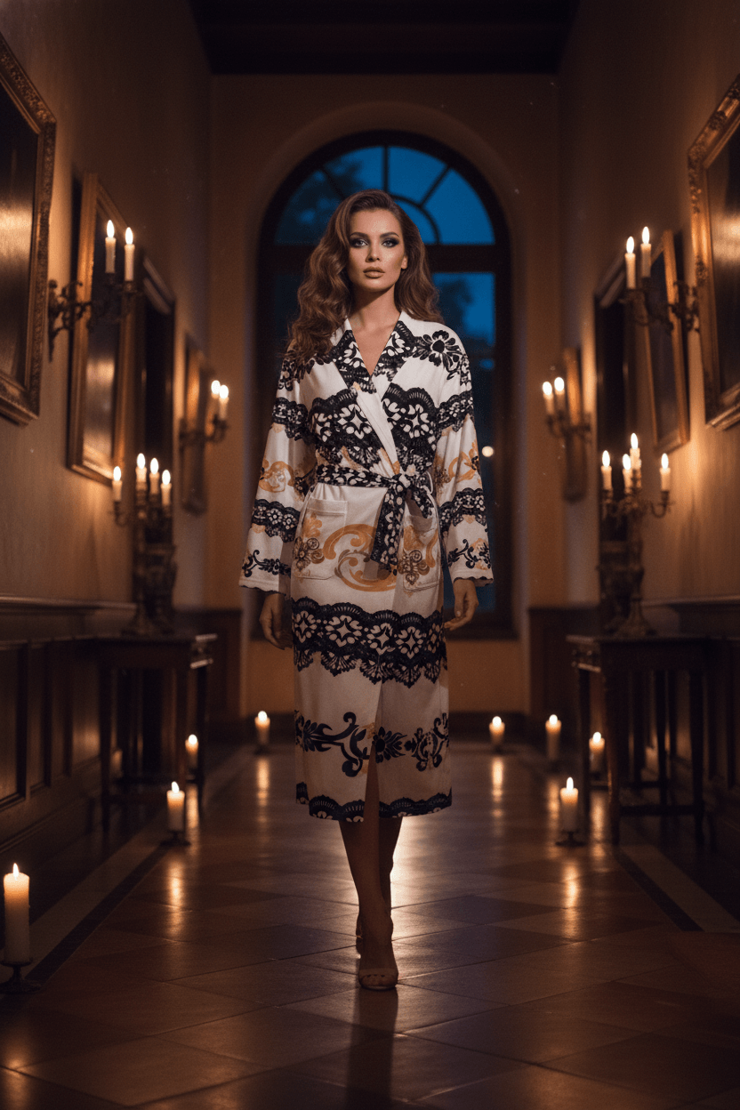 Black and white robe with gold accents old money inspired loungewear elegant fit