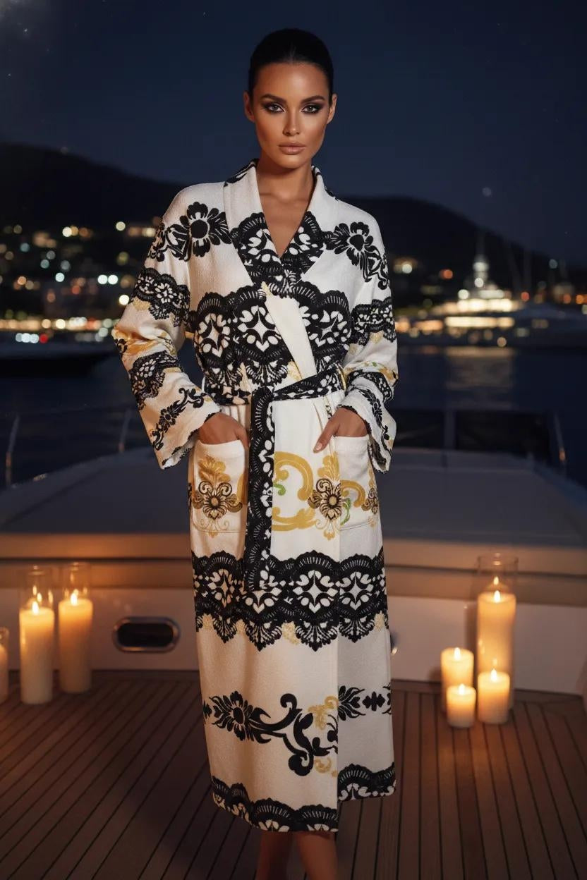 White and black old money inspired loungewear robe with gold accents and belt