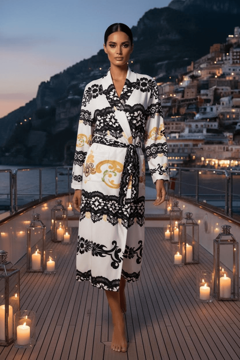White and black old money inspired loungewear robe with belt relaxed fit