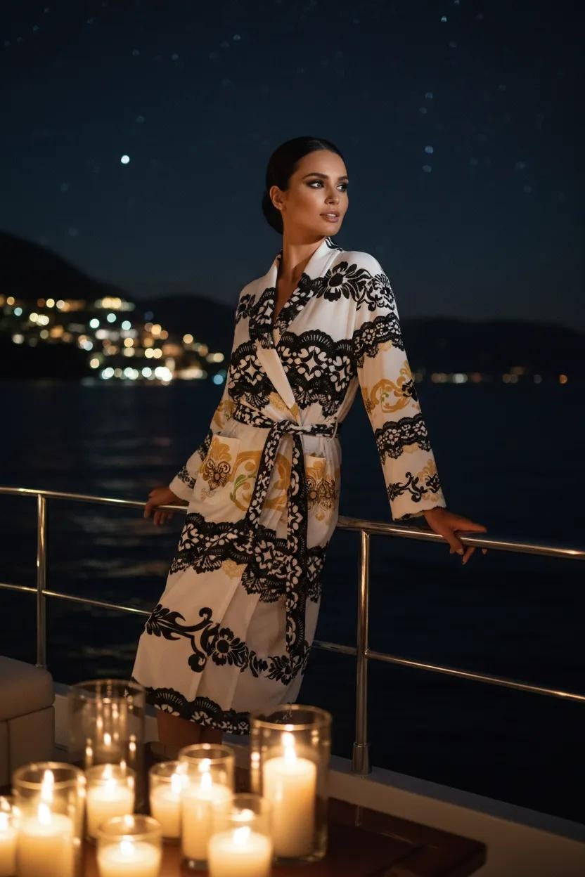 Black and white robe with floral pattern old money inspired loungewear