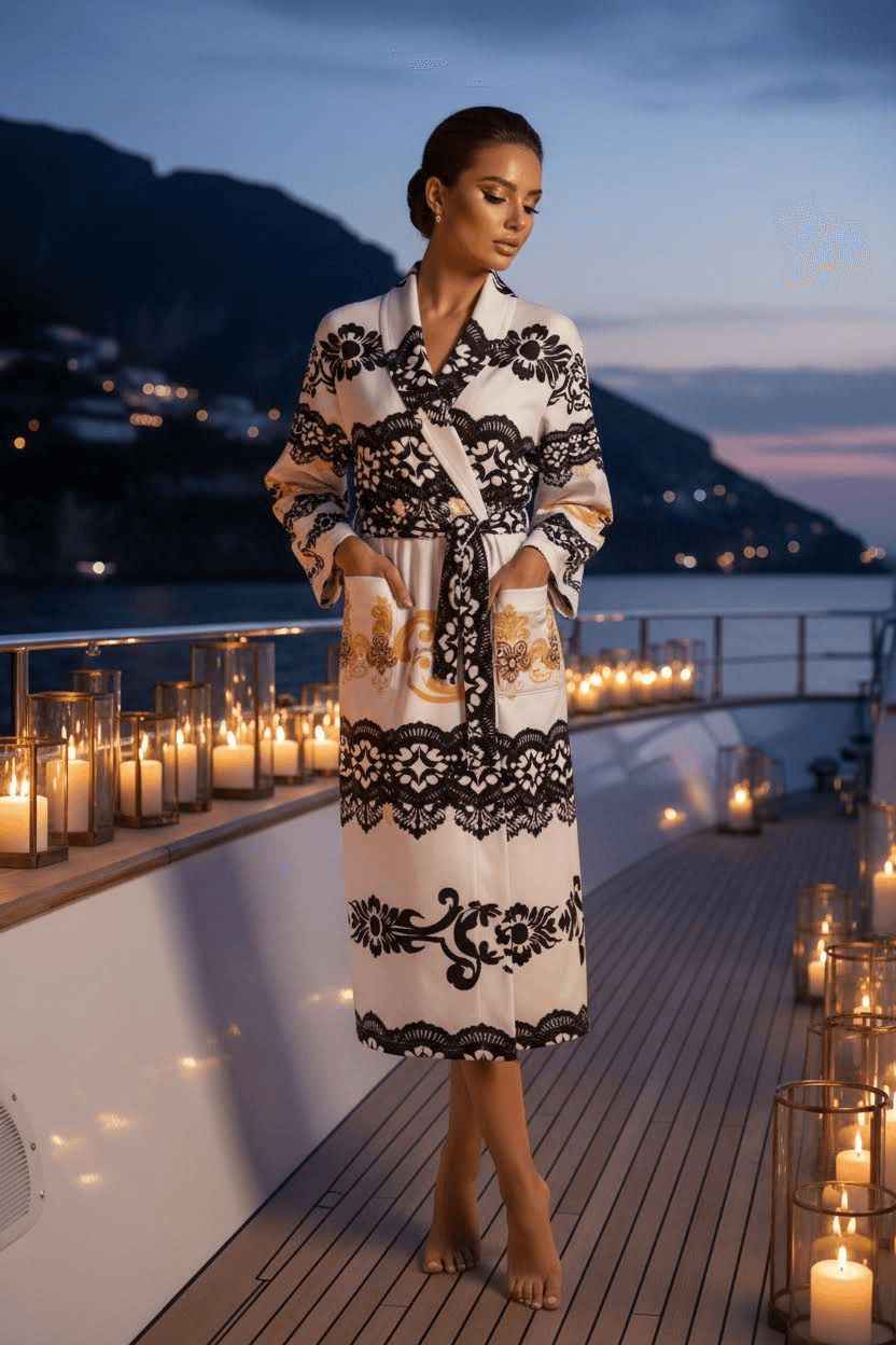 White robe with black lace pattern old money inspired loungewear long fit