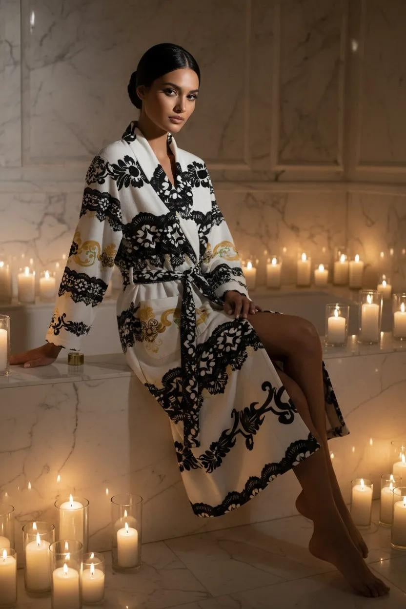 White and black patterned robe old money inspired loungewear elegant fit