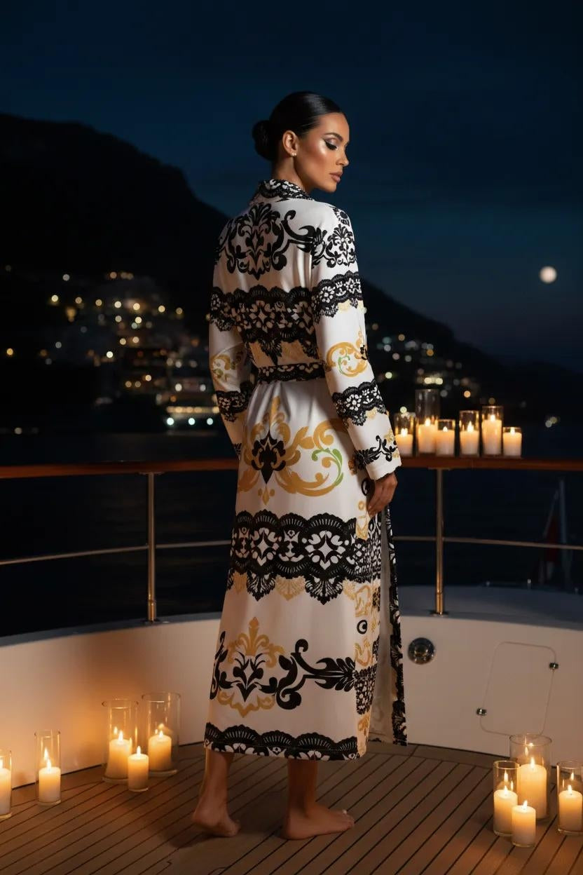 White and black patterned robe old money inspired loungewear luxury fit