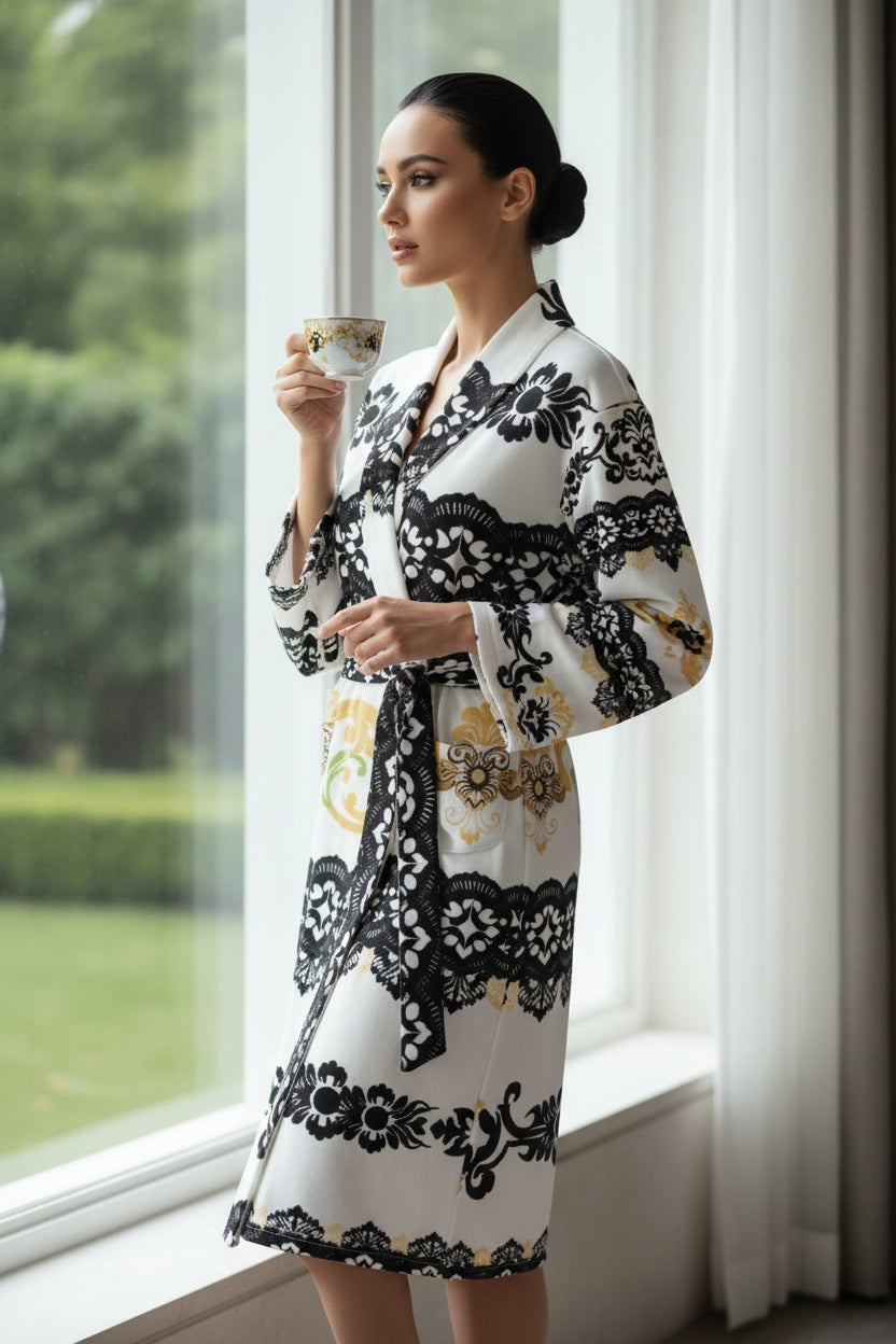 White black floral old money inspired loungewear robe with belt
