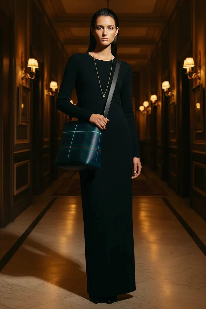 Angelic Blessings Shop old money style crossbody purse in dark plaid worn with elegant black dress