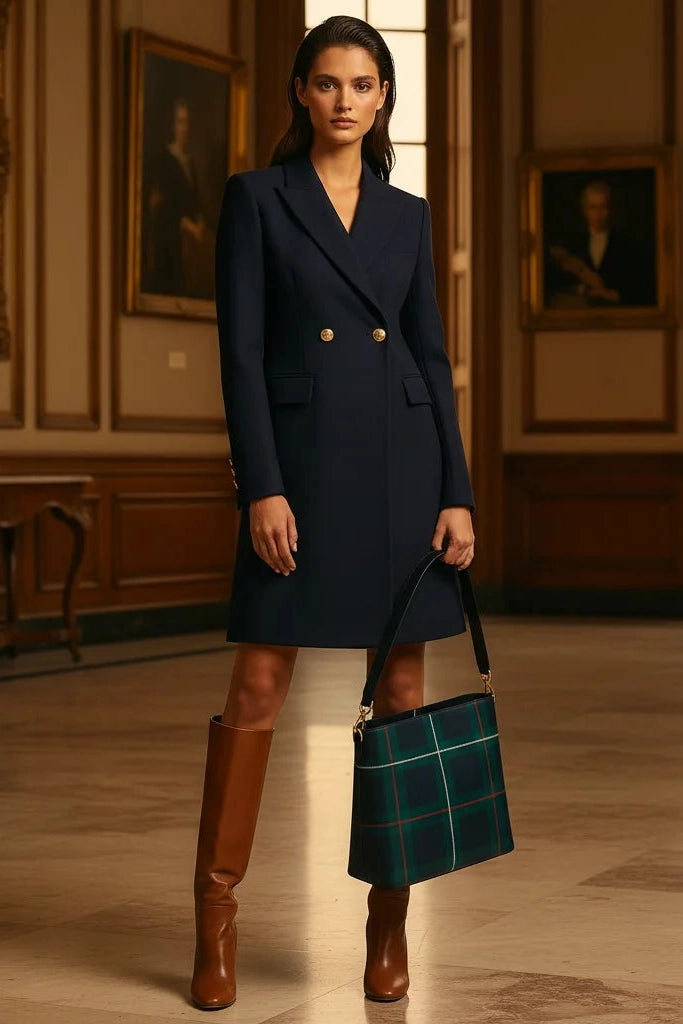 Angelic Blessings Shop old money style crossbody purse in green plaid held by model in navy blazer dress and brown boots