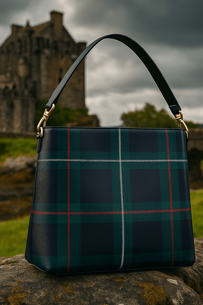 Angelic Blessings Shop old money style crossbody purse in dark plaid pattern with black strap on rock