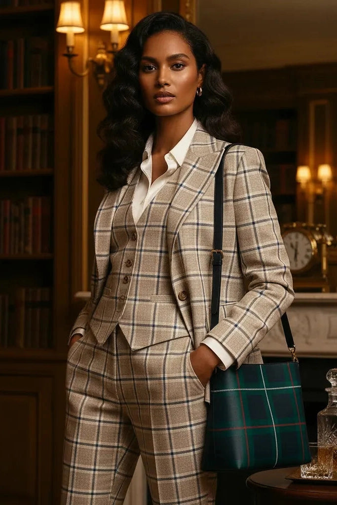 Angelic Blessings Shop old money style crossbody purse in green plaid worn with beige plaid suit