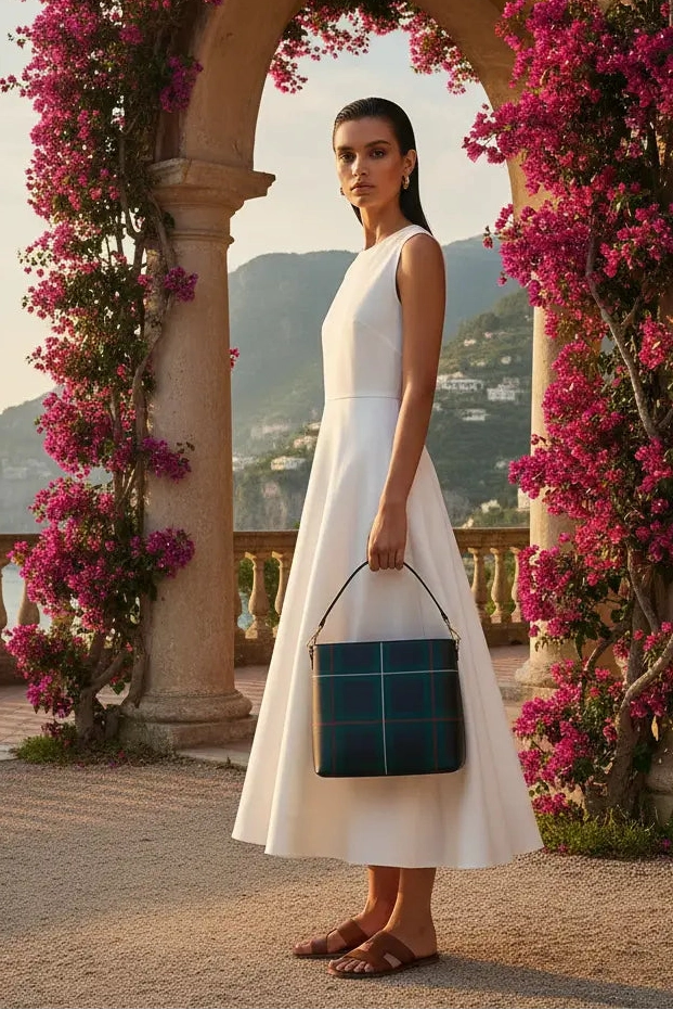 Angelic Blessings Shop old money style crossbody purse with blue plaid pattern held by woman in white dress