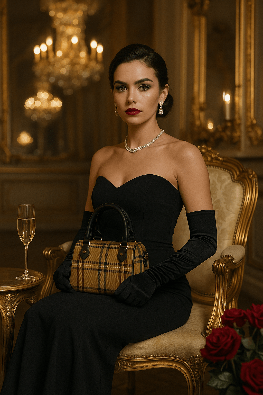 Elegant woman in black dress holding olive tartan Boston bag barrel handbag in luxurious setting
