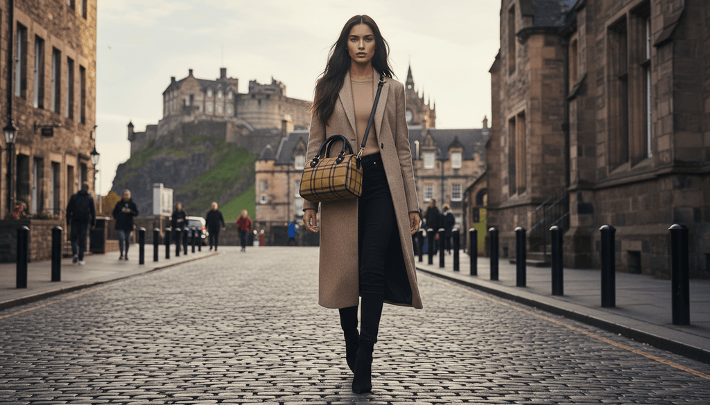 Woman walking on cobblestone street carrying Angelic Blessings Shop olive tartan Boston bag handbag