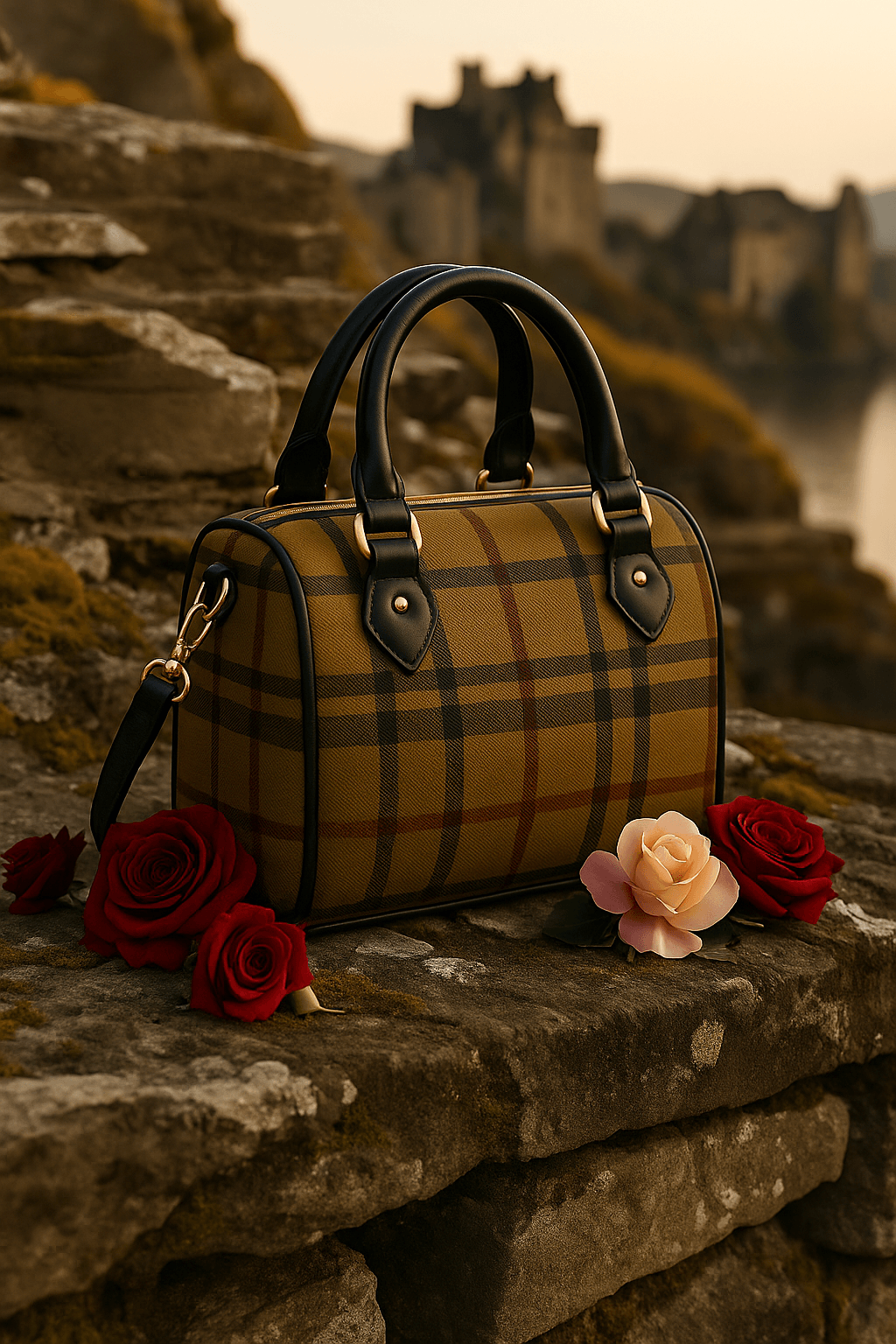Olive tartan Boston bag barrel handbag with black handles displayed on stone with roses
