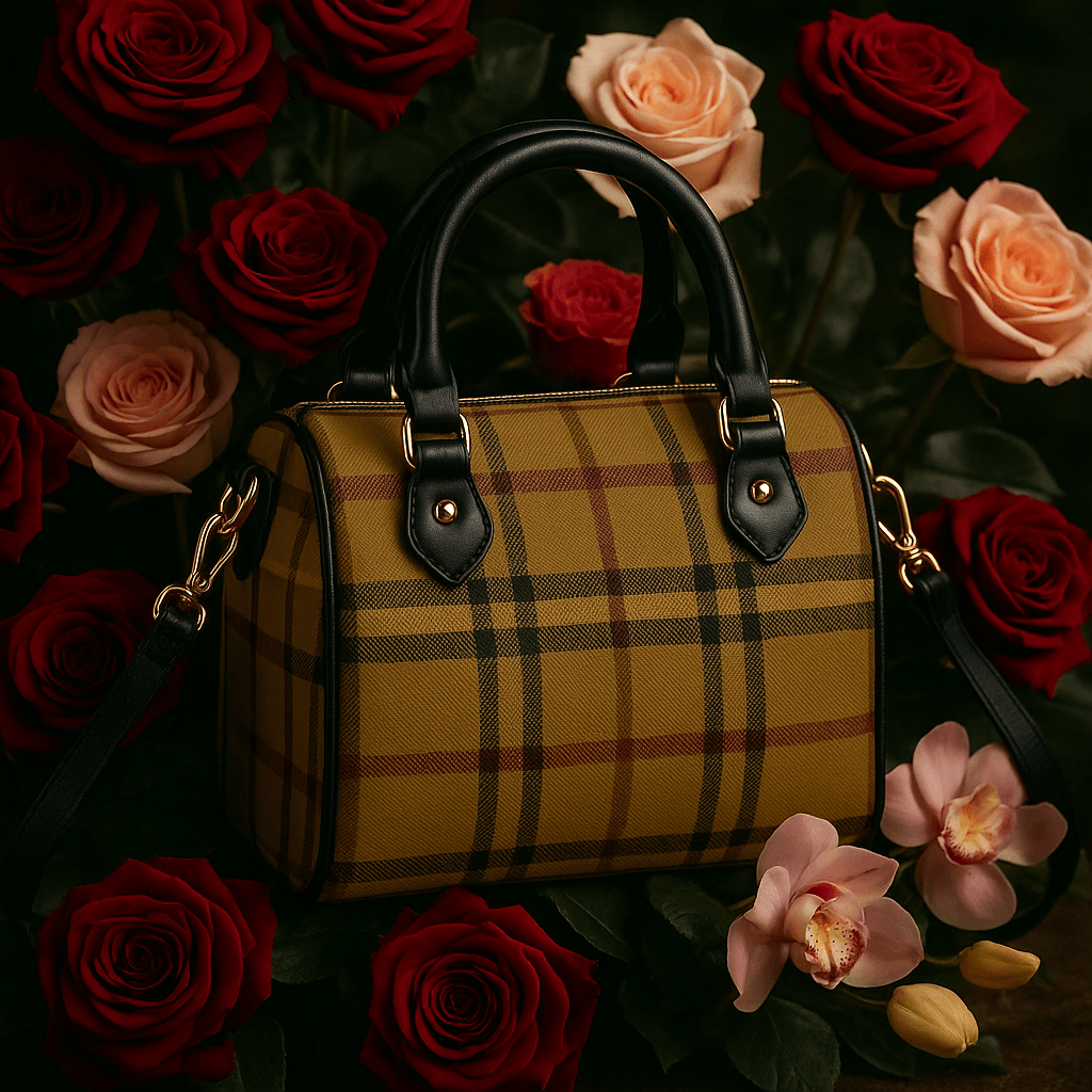 Angelic Blessings Shop olive tartan Boston bag with black handles surrounded by red and pink roses