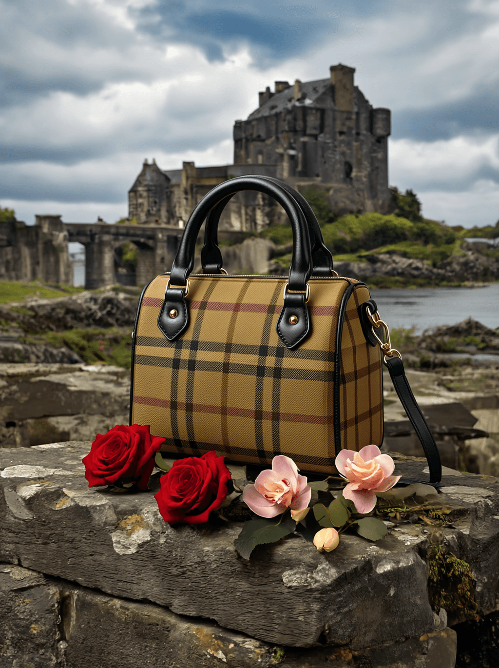 Angelic Blessings Shop olive tartan Boston bag barrel handbag with black handles placed on stone with flowers and castle background